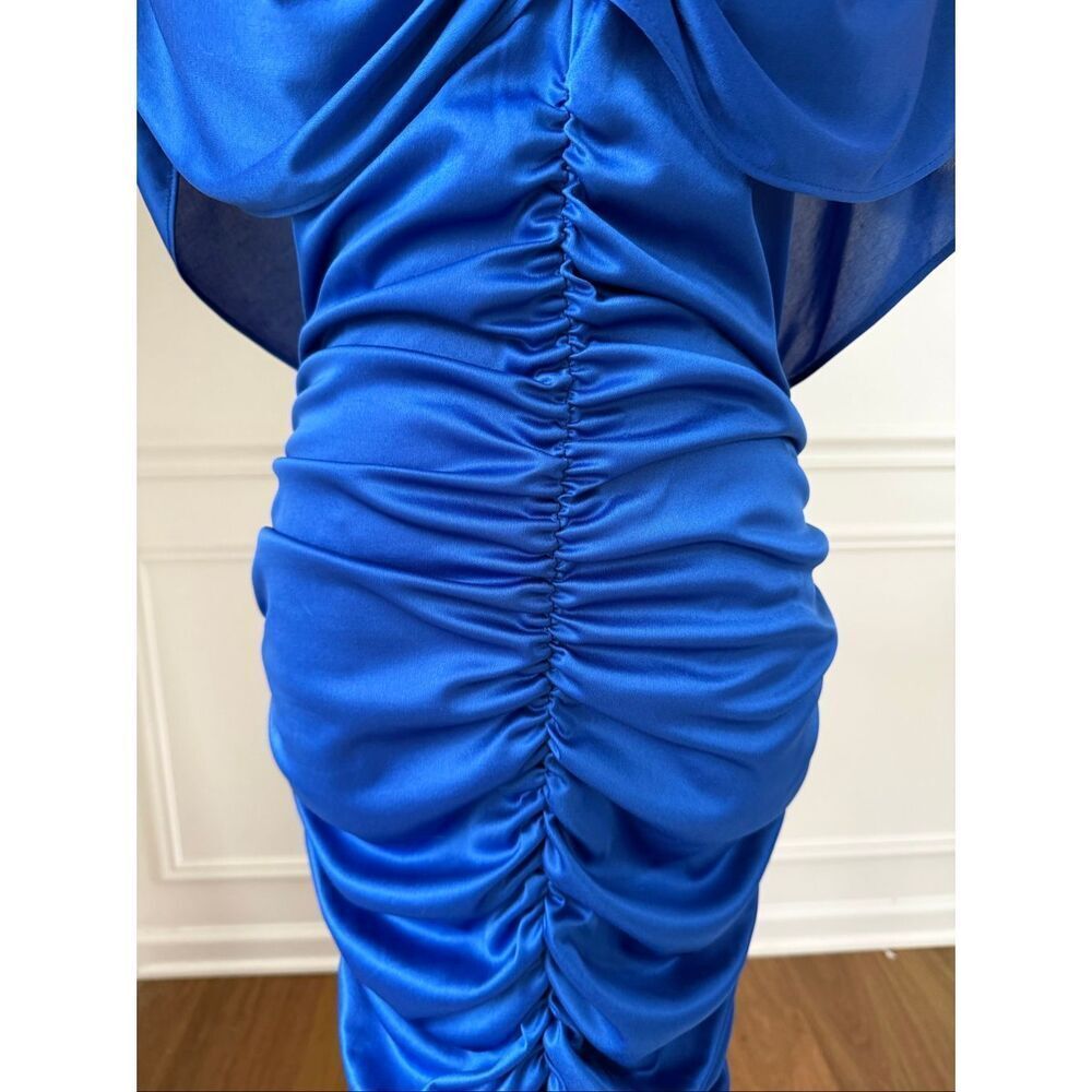 Vintage 80s Mayven’s of California Cobalt Blue Rocker Chic Ruched Midi Dress M - Picture 3 of 7